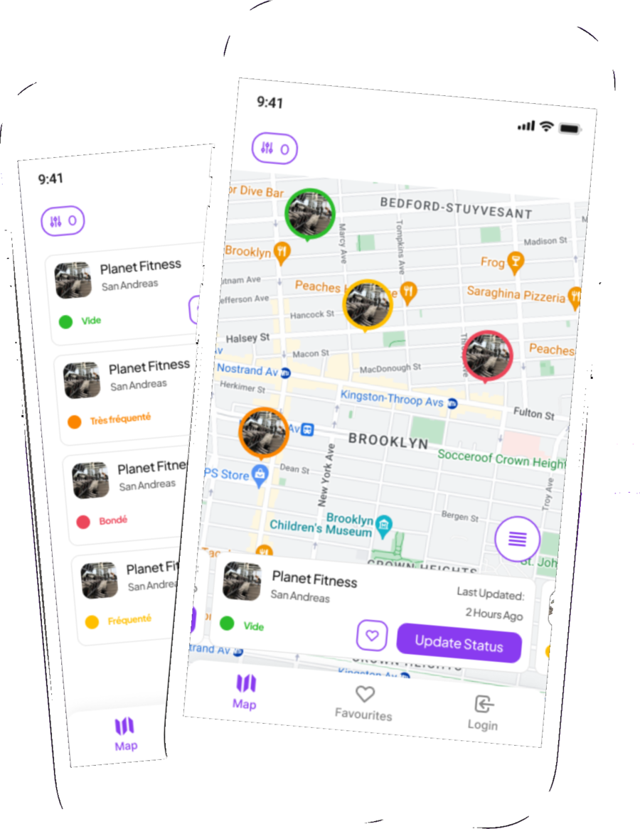 L'application Alone : carte des salles de sport avec leur niveau d'affluence en temps réel, et la liste des salles proches